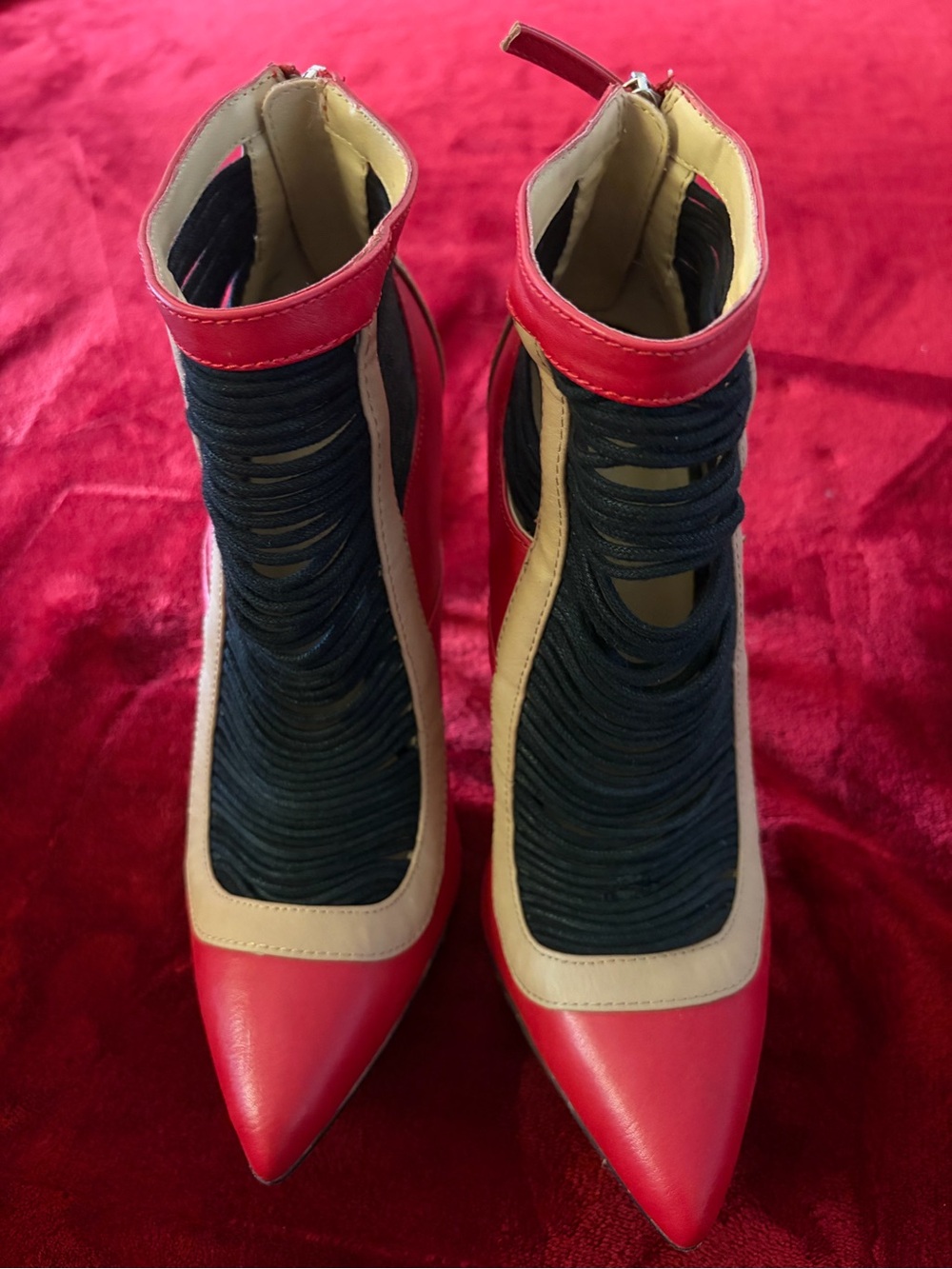 Women’s Red Pointed-Toe Ankle Boots with Black Knit Insets